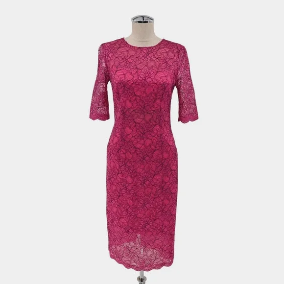 MONIQUE LHUILLIER Dress Sz 6 Pink Lace Sheath Floral Overlay Scalloped Cocktail - Picture 1 of 13